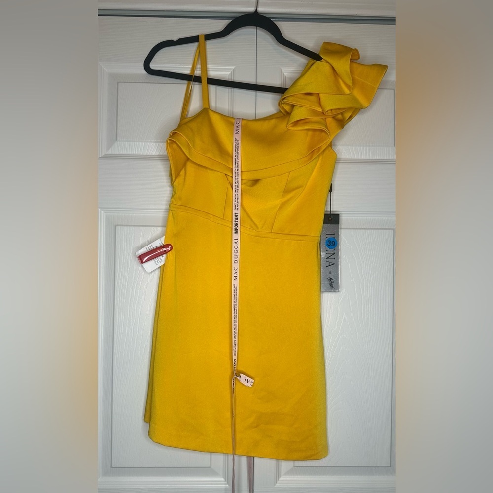 NWT Ieena for Mac Duggal 55286 Asymmetrical Neckline Ruffle Dress Size 6 Lemon - Picture 4 of 6